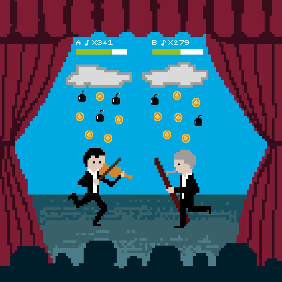 Zwei animierte Musiker spielen Violine und Fagott auf einer Bühne, die von einem roten Vorhang umrahmt ist. Der Hintergrund ist Hellblau, über den beiden Musikern sind zwei weiße Wolken und Balken, in denen wie bei einem Computerspiel Punkte gesammelt werden können.